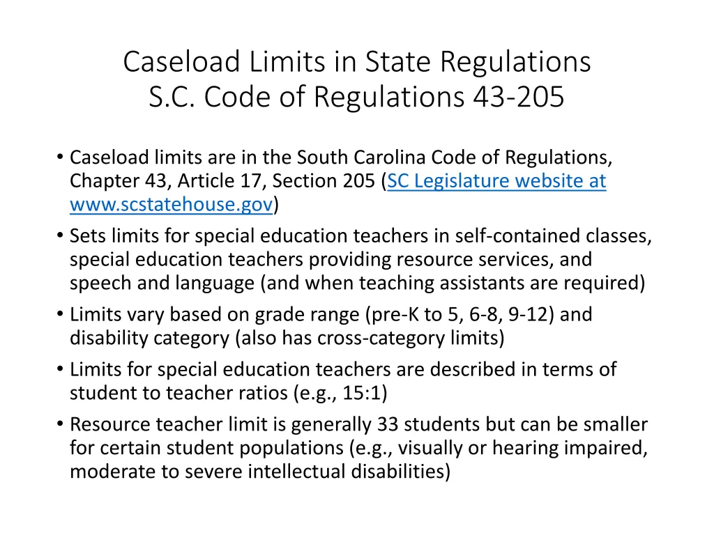 caseload limits in state regulations s c code