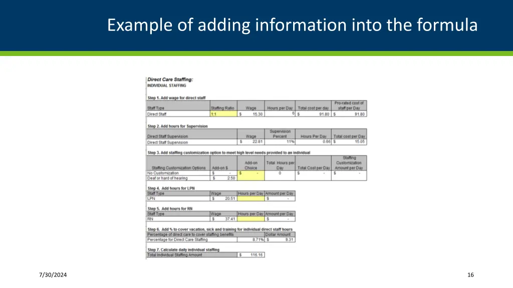 example of adding information into the formula