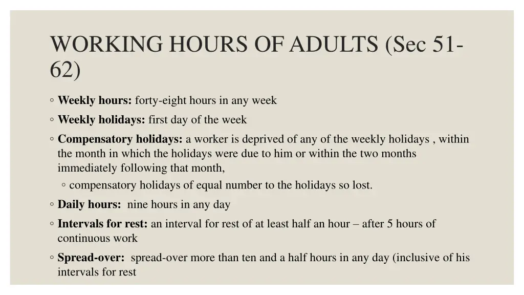 working hours of adults sec 51 62