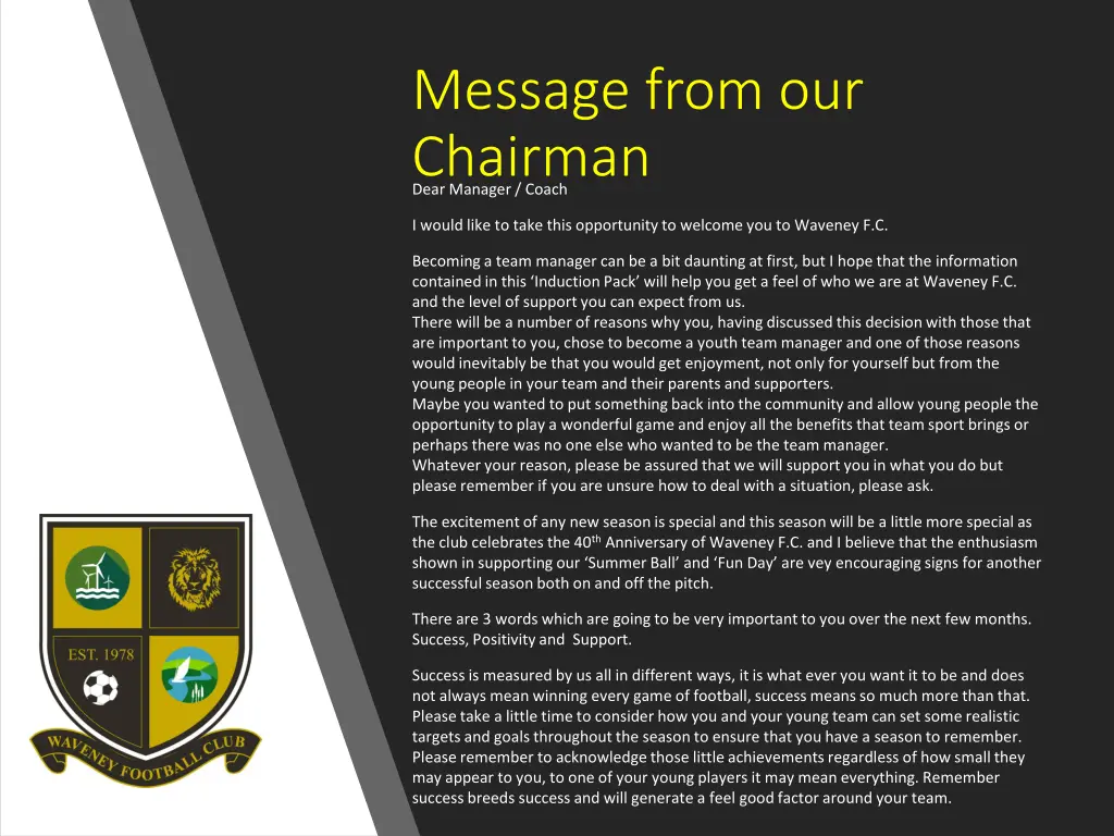 message from our chairman dear manager coach