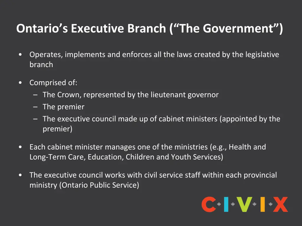 ontario s executive branch the government