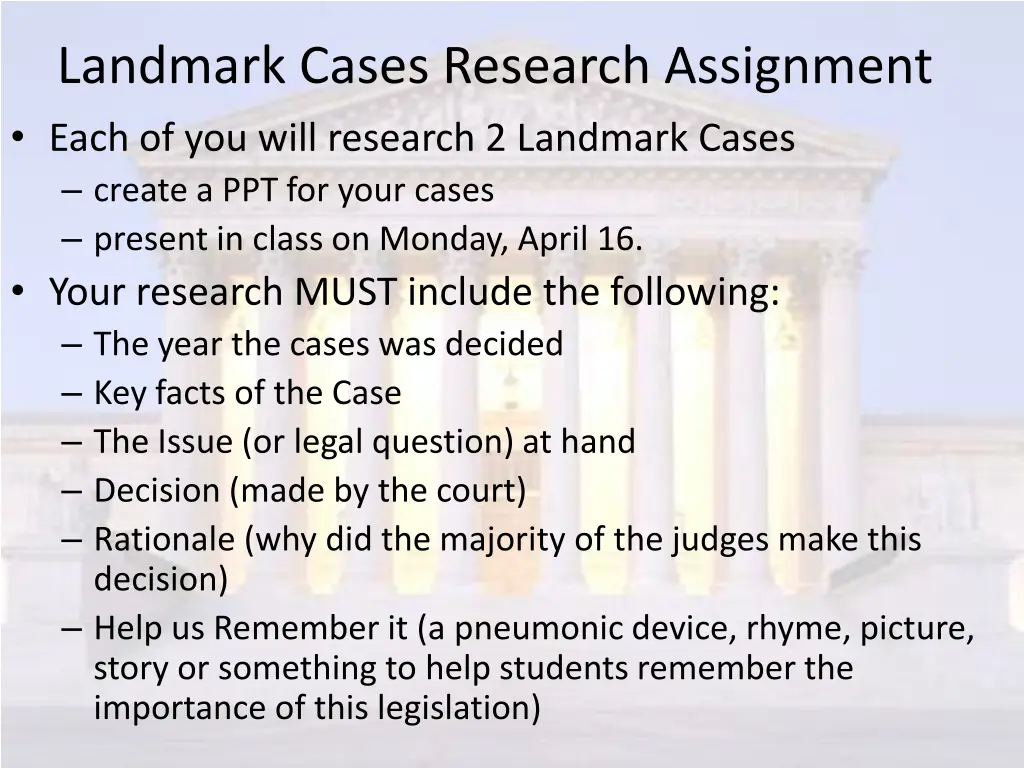 landmark cases research assignment each