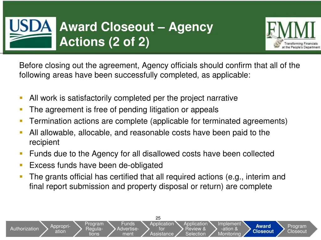 award closeout agency actions 2 of 2