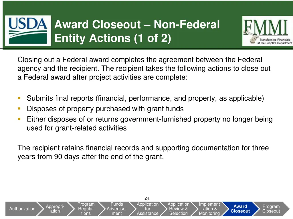 award closeout non federal entity actions 1 of 2