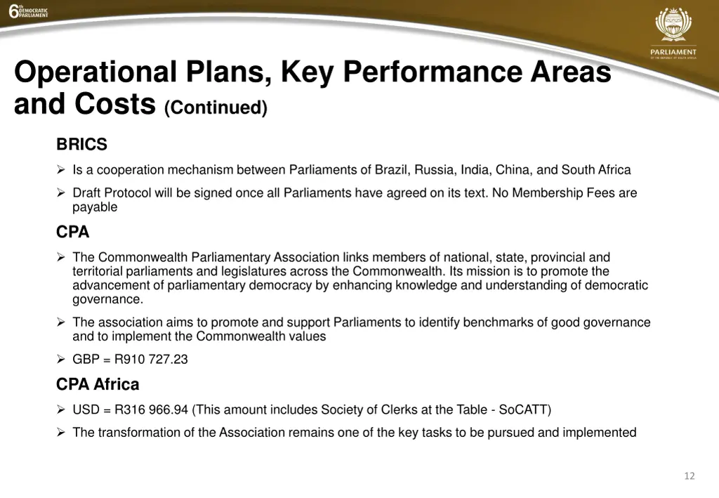 operational plans key performance areas and costs 1