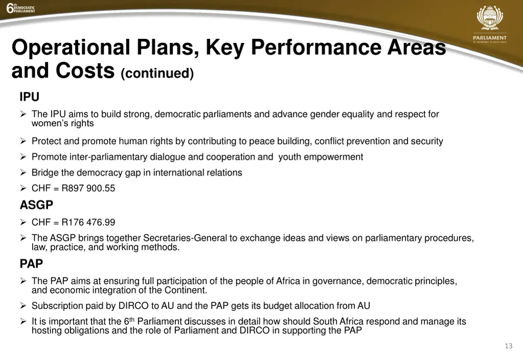 operational plans key performance areas and costs 2