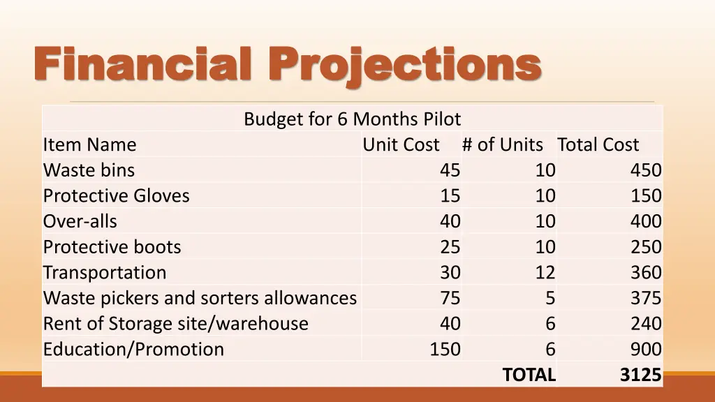 financial projections financial projections