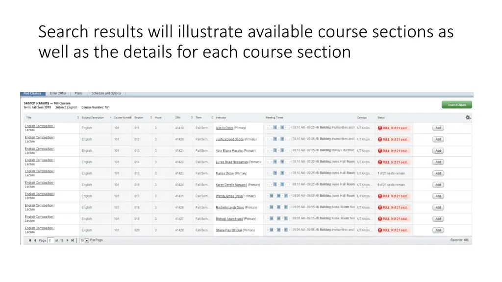 search results will illustrate available course