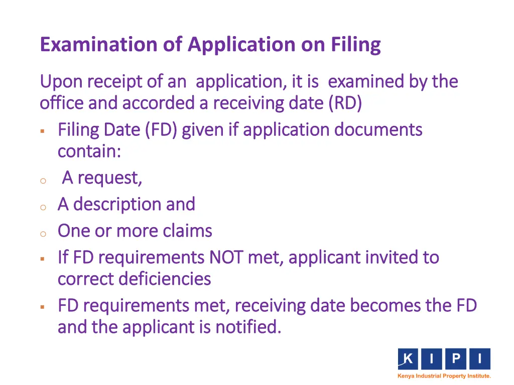 examination of application on filing