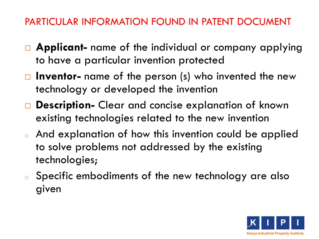 particular information found in patent document