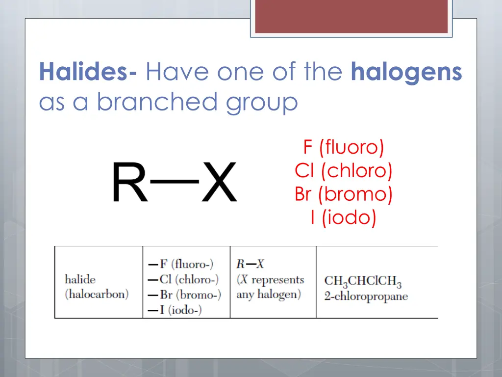 halides have one of the halogens as a branched