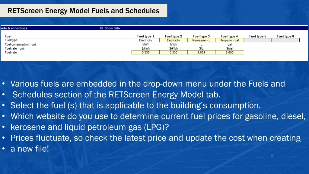 retscreen energy model fuels and schedules