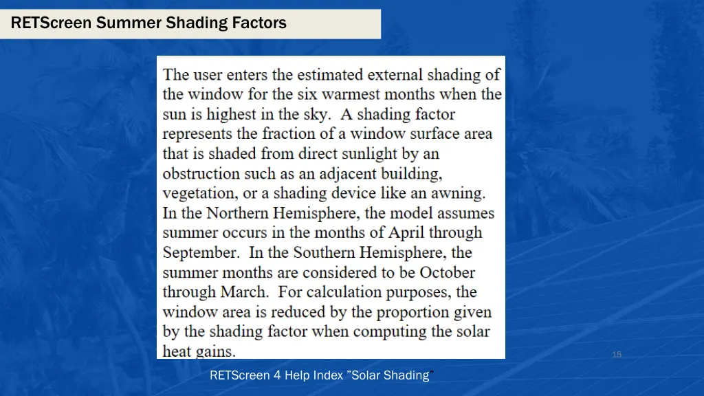 retscreen summer shading factors