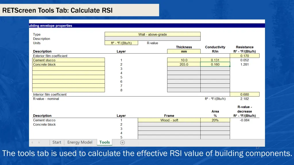 retscreen tools tab calculate rsi