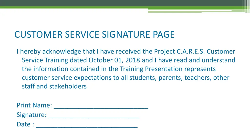 customer service signature page