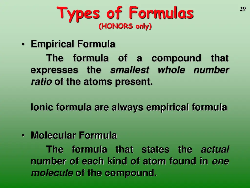 types of formulas honors only