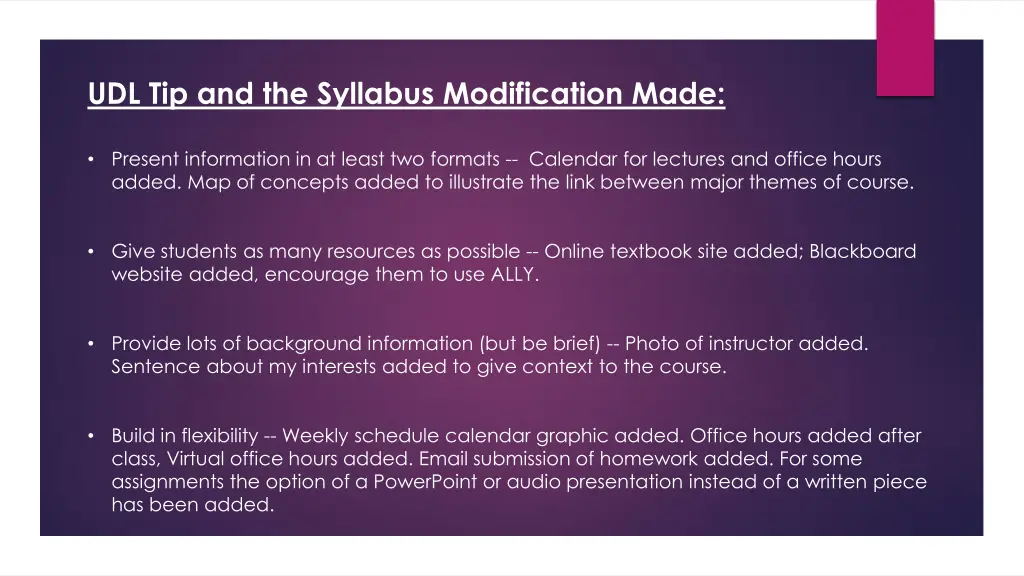 udl tip and the syllabus modification made