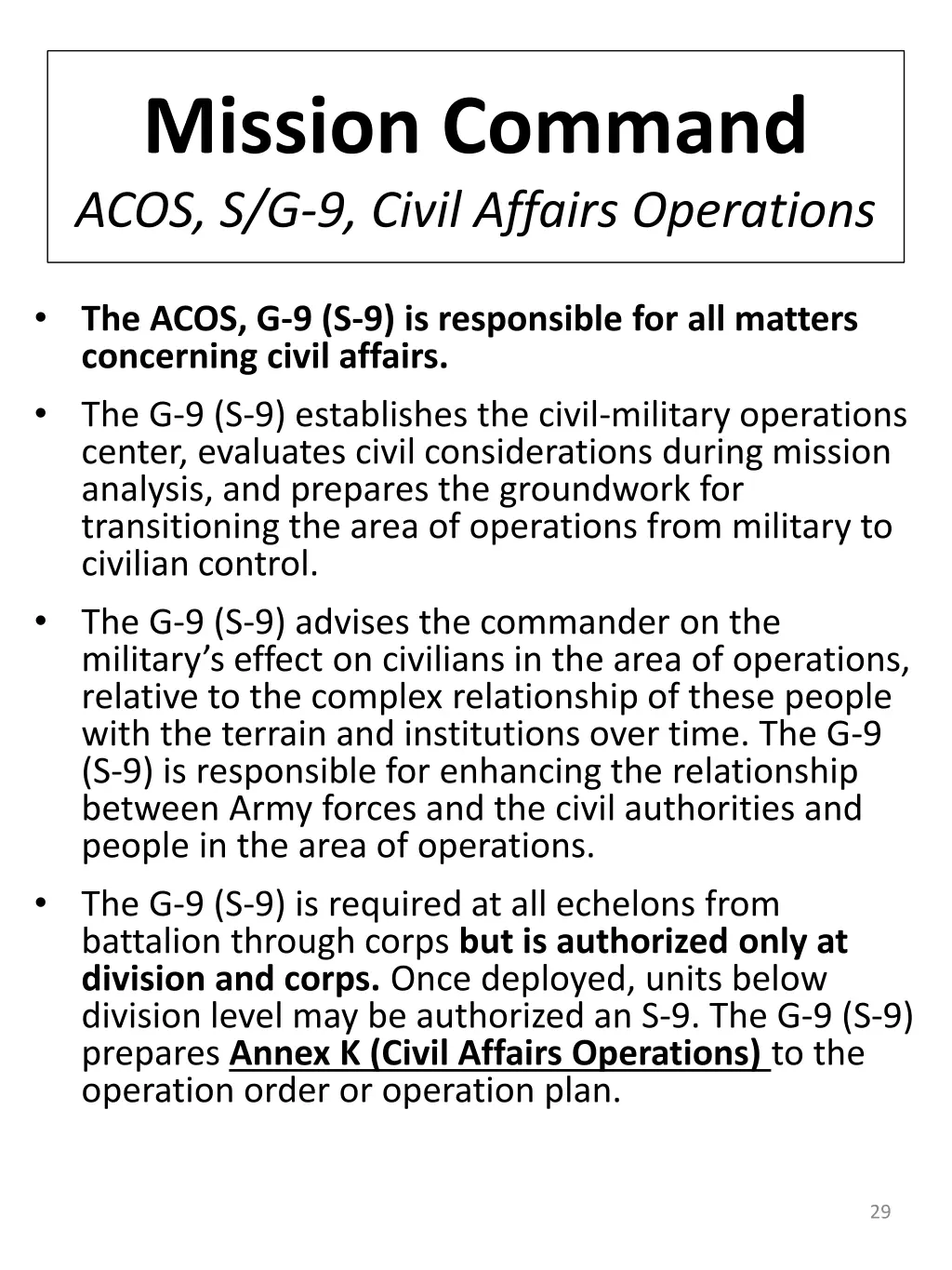 mission command acos s g 9 civil affairs