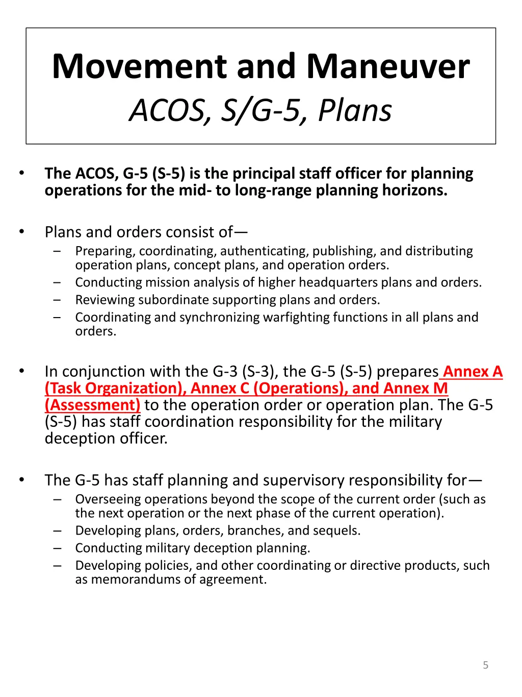 movement and maneuver acos s g 5 plans