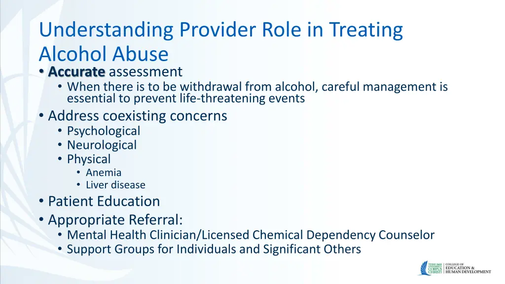 understanding provider role in treating alcohol