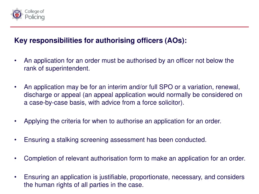 key responsibilities for authorising officers aos