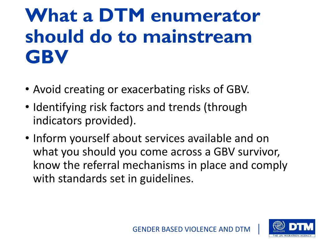 what a dtm enumerator should do to mainstream gbv