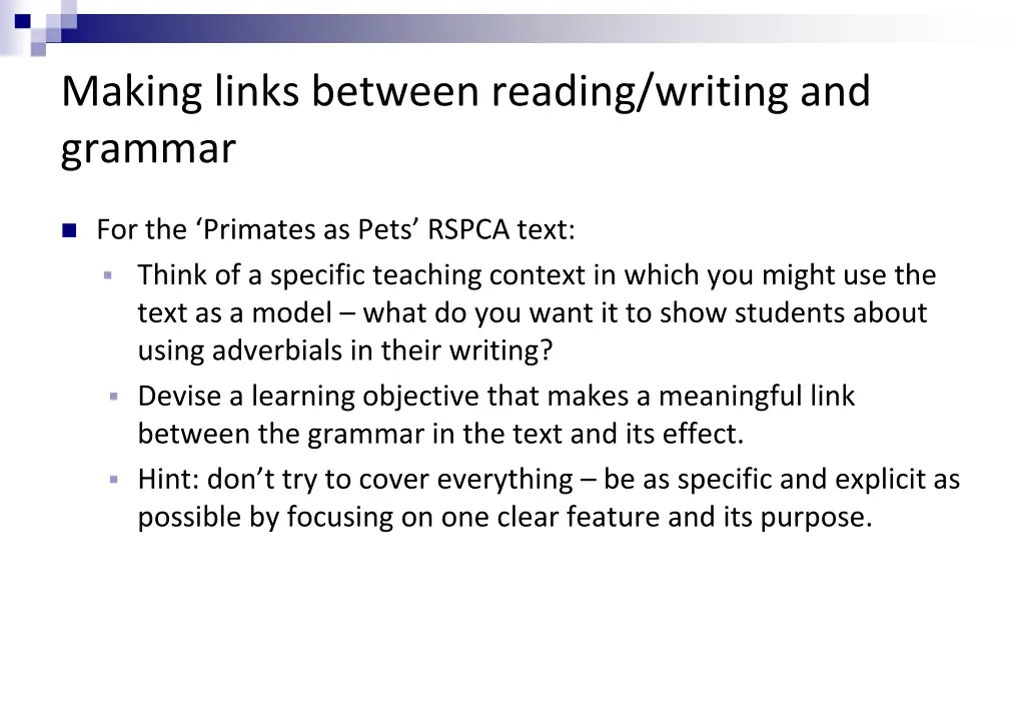 making links between reading writing and grammar