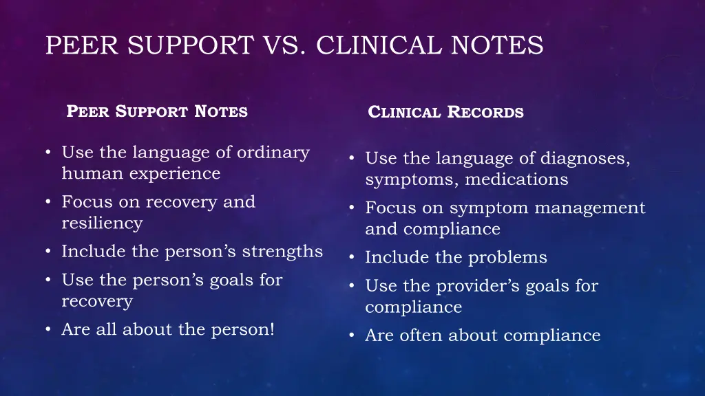 peer support vs clinical notes