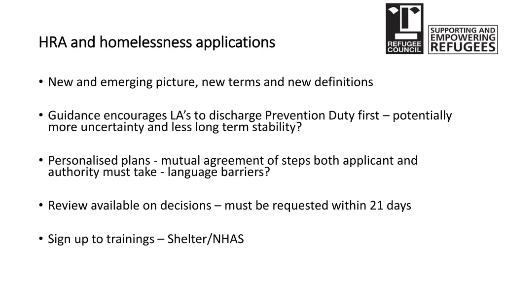 hra and homelessness applications