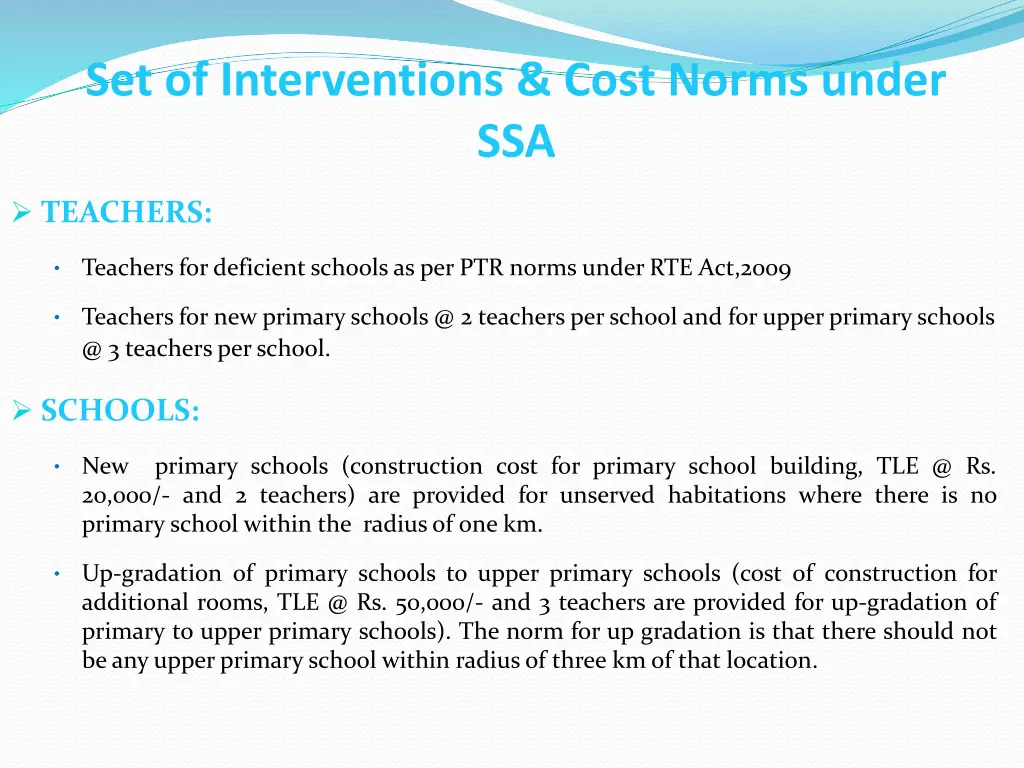 set of interventions cost norms under ssa