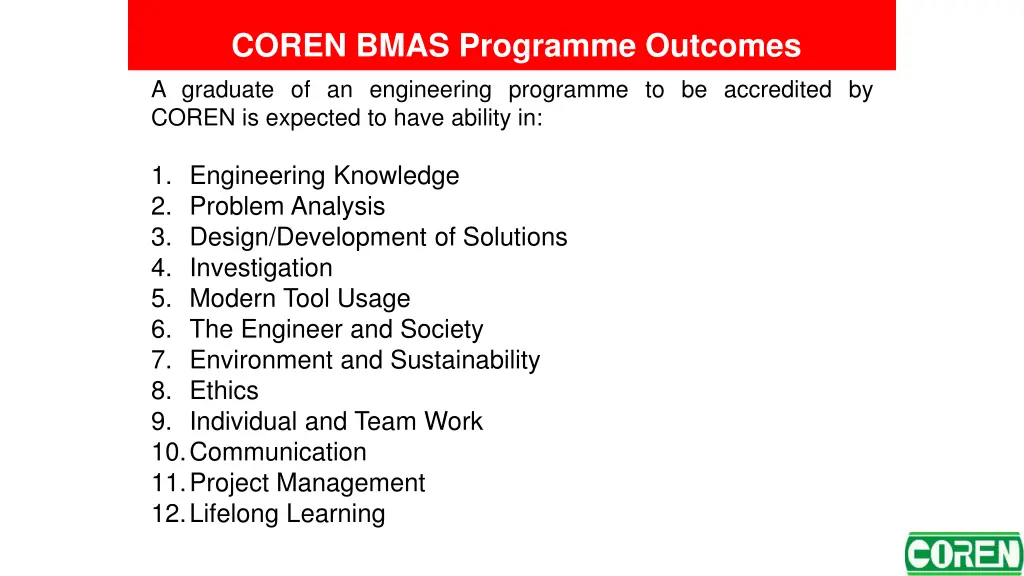 coren bmas programme outcomes a graduate