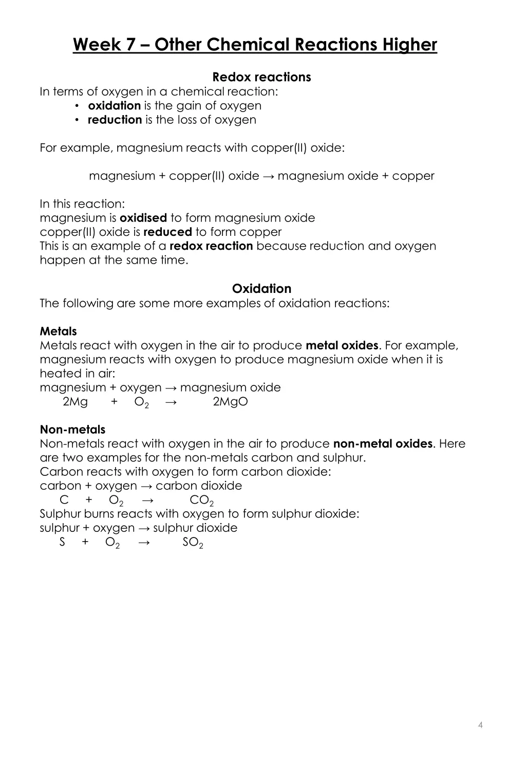 week 7 other chemical reactions higher