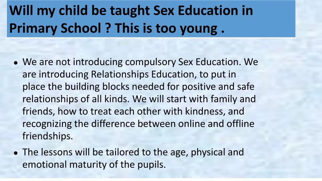 will my child be taught sex education in primary