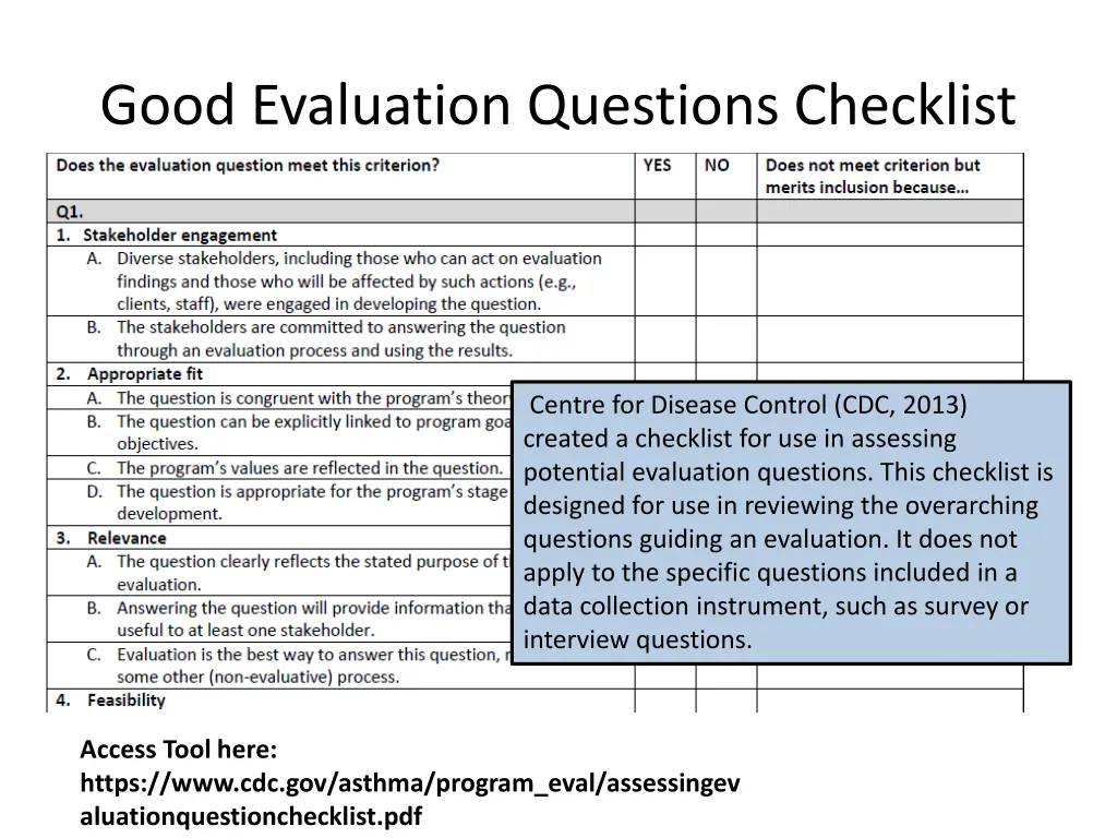 good evaluation questions checklist