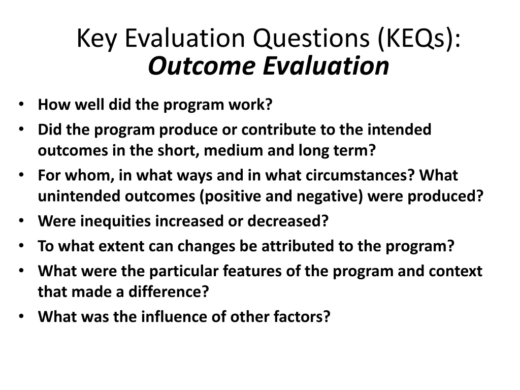 key evaluation questions keqs outcome evaluation