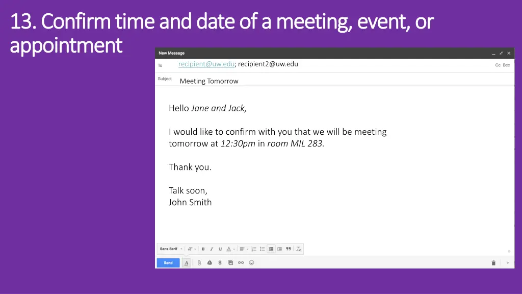 13 confirm time and date of a meeting event