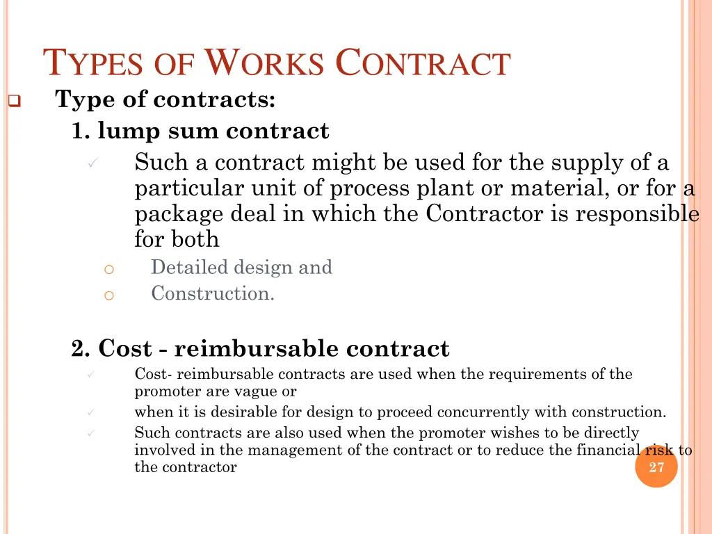 t ypes of w orks c ontract type of contracts