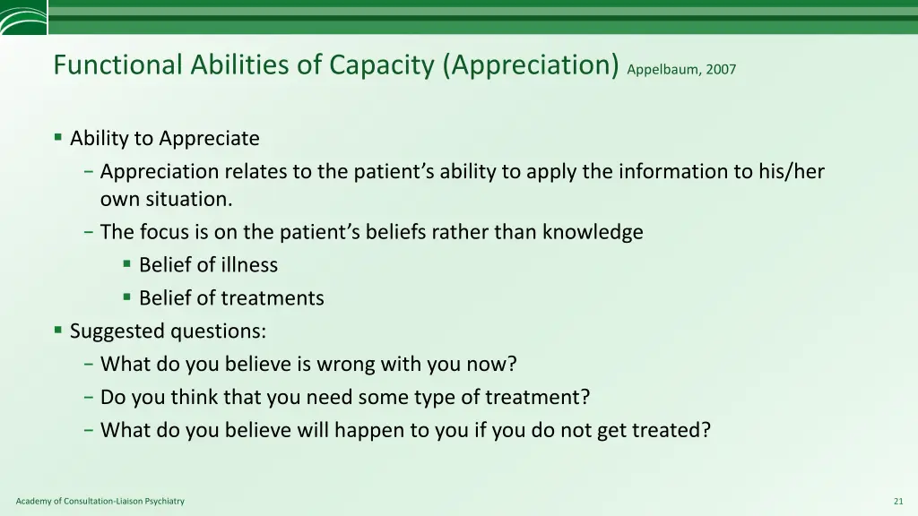 functional abilities of capacity appreciation