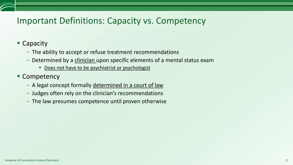 important definitions capacity vs competency