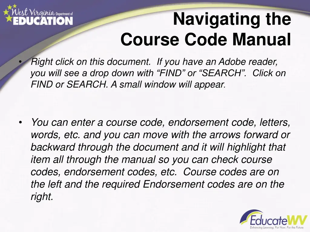 navigating the course code manual