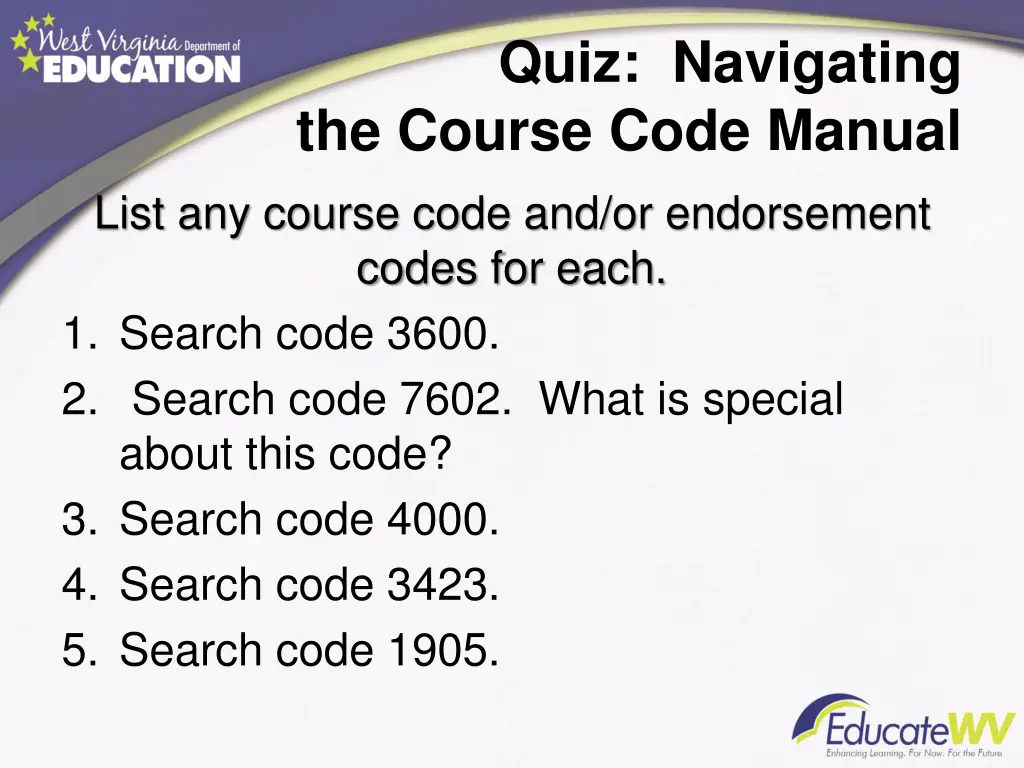 quiz navigating the course code manual list