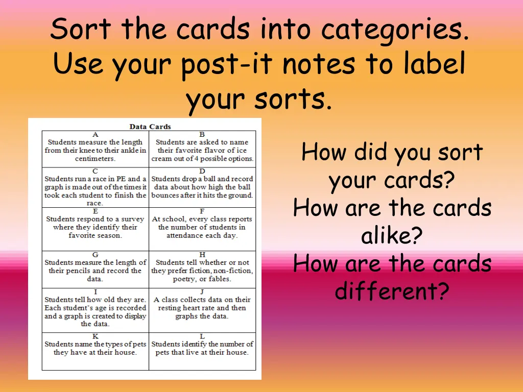 sort the cards into categories use your post