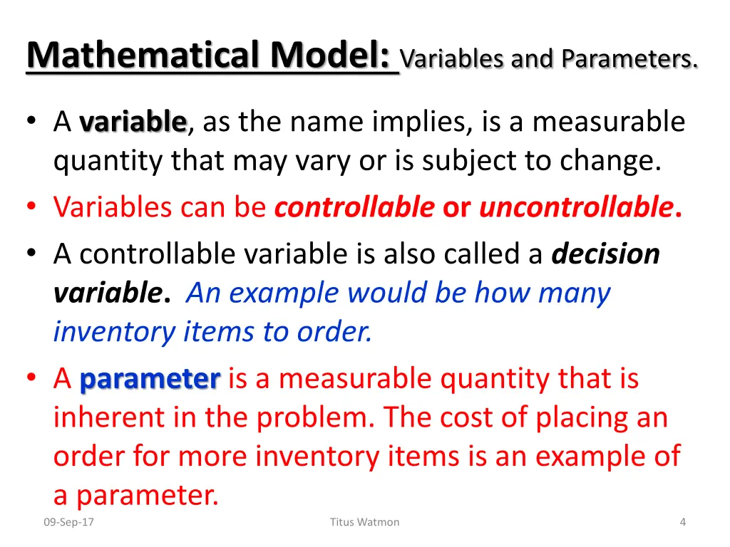 mathematical model variables and parameters