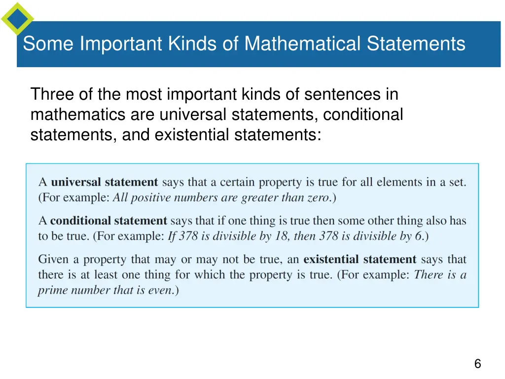 some important kinds of mathematical statements