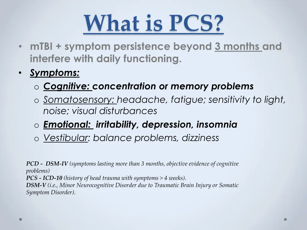 what is pcs mtbi symptom persistence beyond