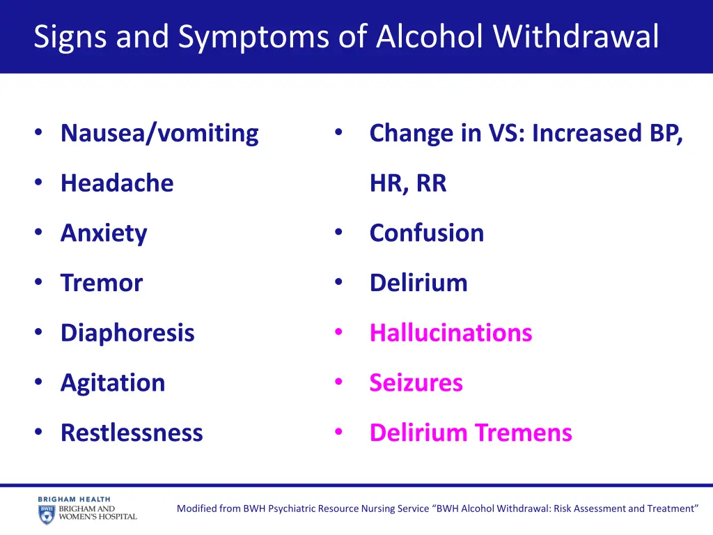 signs and symptoms of alcohol withdrawal