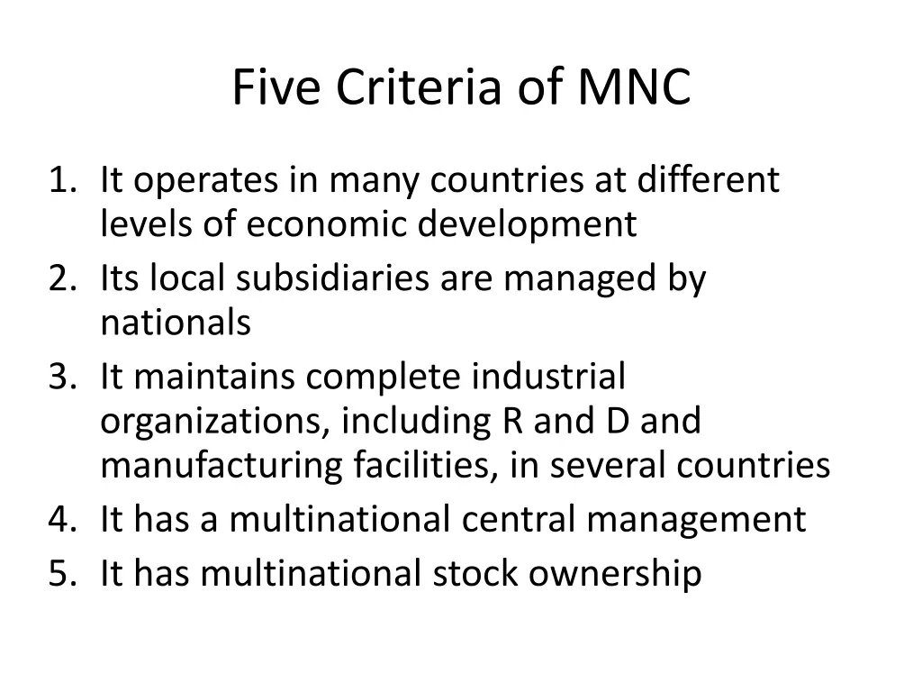 five criteria of mnc