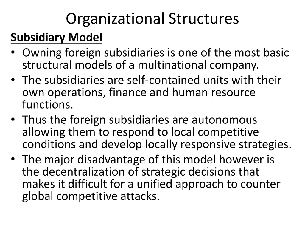 organizational structures subsidiary model owning