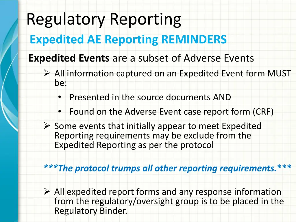 regulatory reporting expedited ae reporting