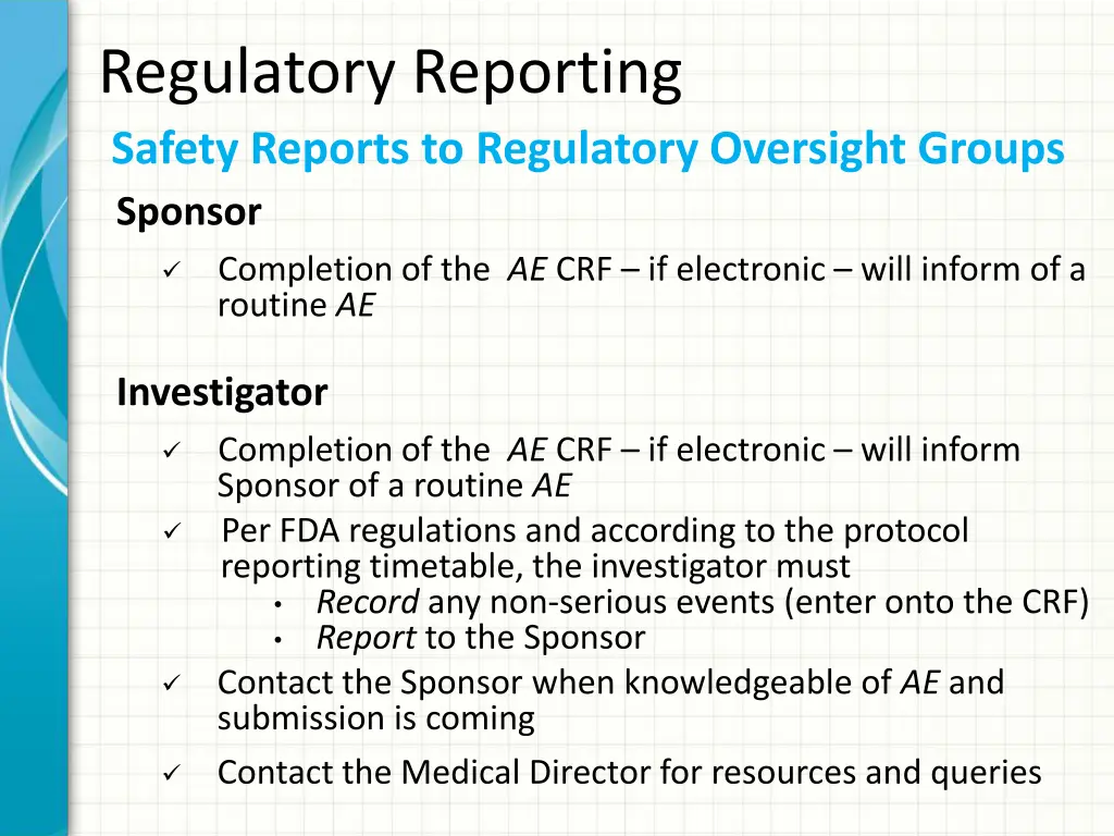 regulatory reporting safety reports to regulatory 1